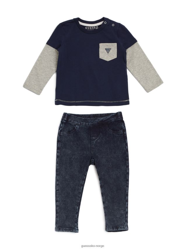 Guess logo langermet t-skjorte og jeggings sett (0-24m) dekksblå dekk blå gutt F0LJ8011438