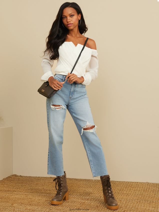 Guess jenner off-shoulder topp dove white due hvit kvinner F0LJ807019