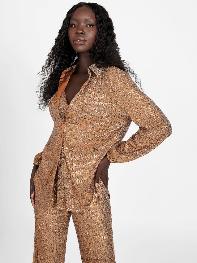 Guess skjorte med knappeknapper i brun blad sabin brunt blad kvinner F0LJ806898