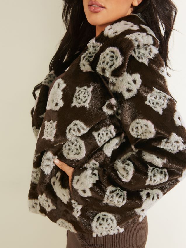 Guess 4g jacquardbrun combo maddalena logo fuskepelsjakke 4g jacquardbrun kombinasjon kvinner F0LJ809824