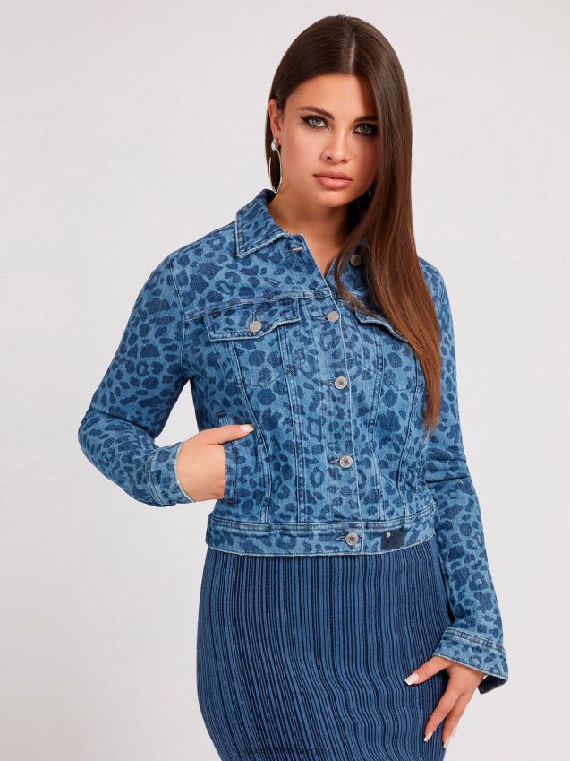 Guess animalier print denim jakke blå blå kvinner F0LJ802987
