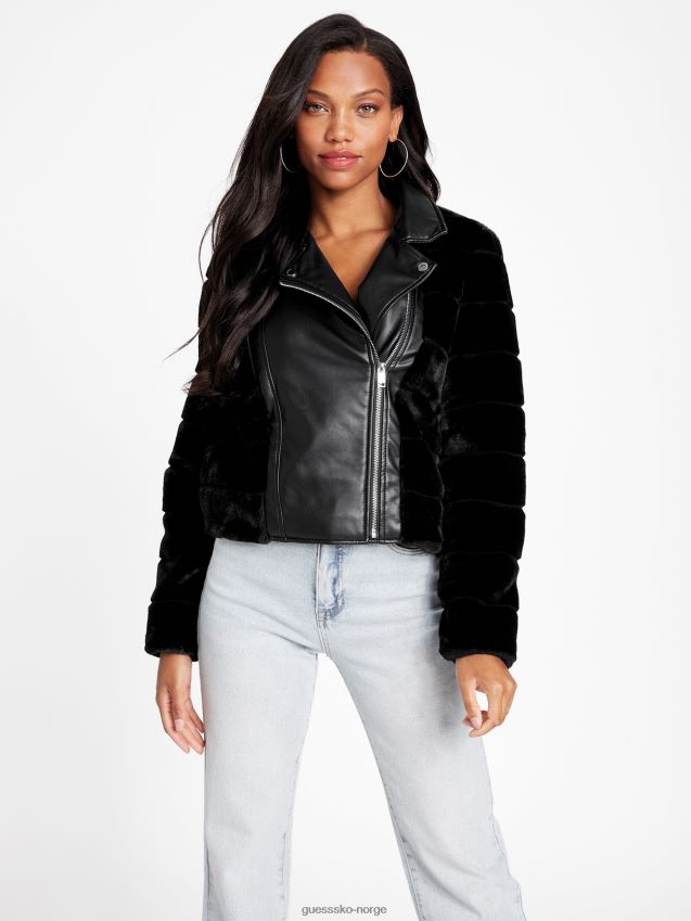 Guess jet black cadia motojakke i fuskepels kulsvart kvinner F0LJ807425