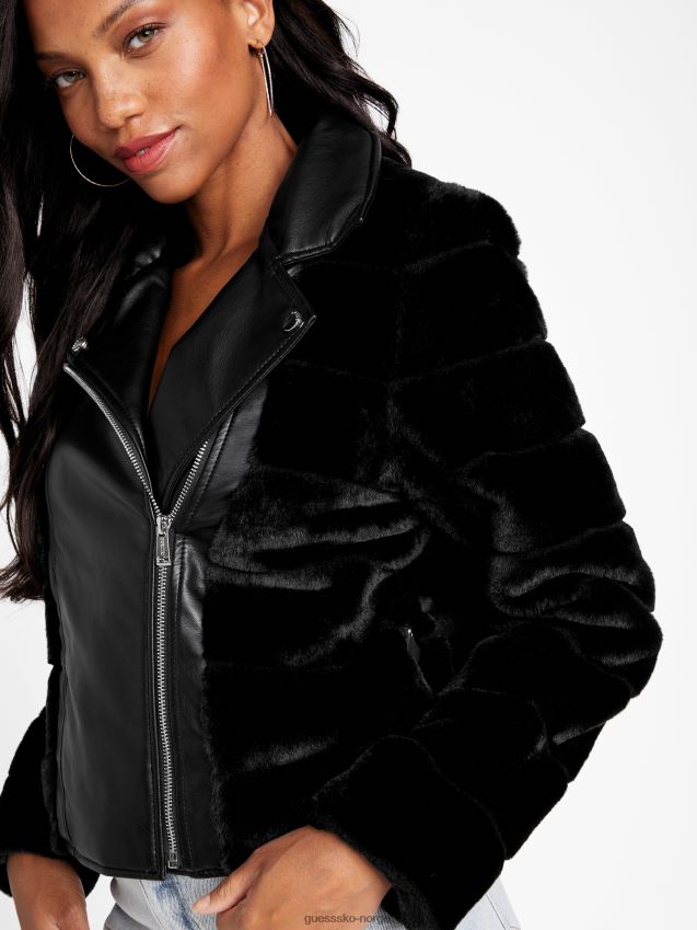 Guess jet black cadia motojakke i fuskepels kulsvart kvinner F0LJ807425
