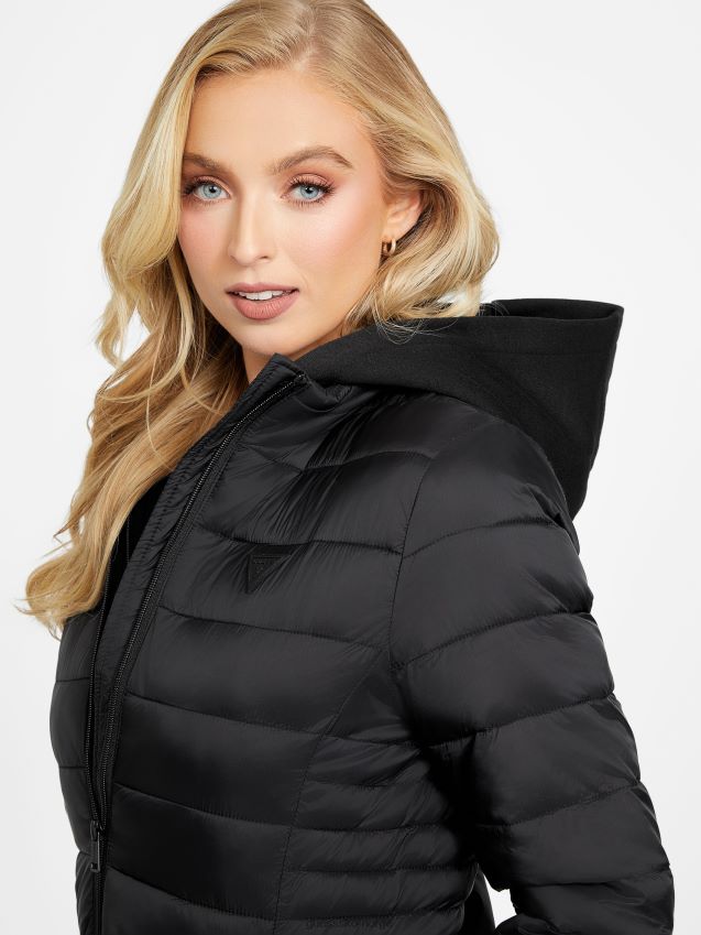 Guess jet black elisa pufferjakke med hette kulsvart kvinner F0LJ806808