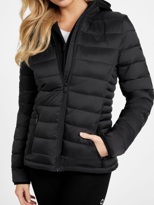 Guess jet black elisa pufferjakke med hette kulsvart kvinner F0LJ806808