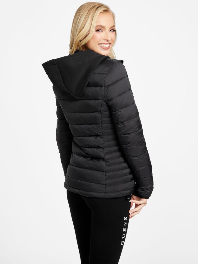 Guess jet black elisa pufferjakke med hette kulsvart kvinner F0LJ806808