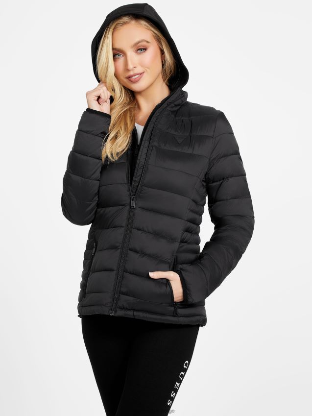 Guess jet black elisa pufferjakke med hette kulsvart kvinner F0LJ806808