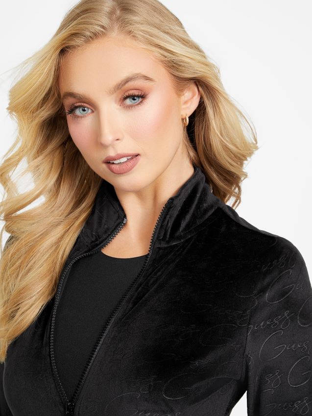 Guess jet black øko abia velour glidelåsjakke kulsvart kvinner F0LJ806982