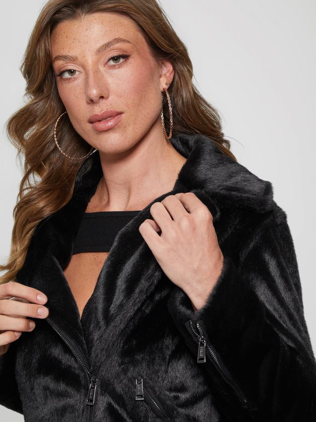 Guess jet black lavinia motojakke i fuskepels kulsvart kvinner F0LJ809809