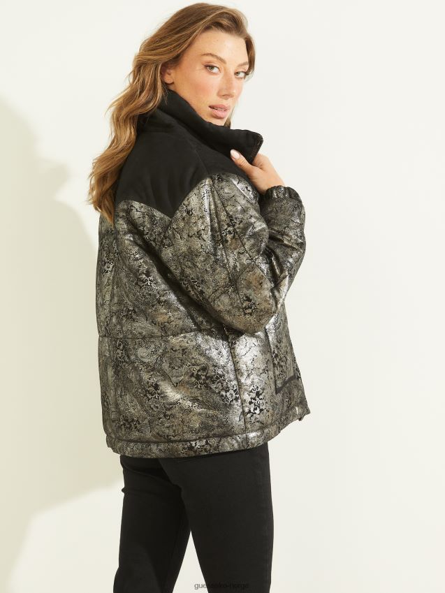 Guess jet black loise puffer jakke i skinn kulsvart kvinner F0LJ809869