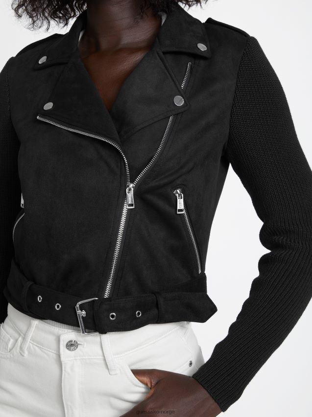 Guess jet black motojakke i imitert semsket skinn kulsvart kvinner F0LJ806997