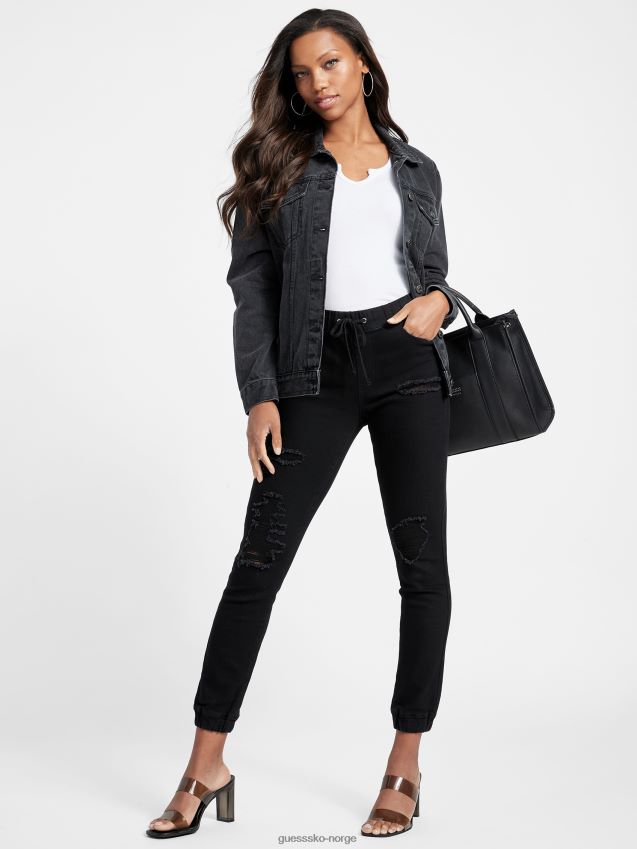 Guess paisley mid-rise denim joggers svart ødelegge svart ødelegge kvinner F0LJ807142