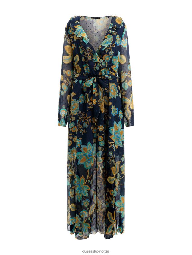 Guess blå lang kjole med flere blomstertrykk blå multi kvinner F0LJ803432