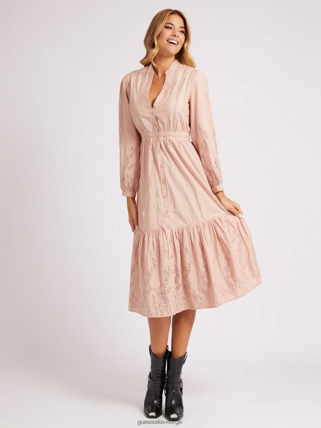 Guess broderi bomull lang kjole lys rosa lyserosa kvinner F0LJ806164