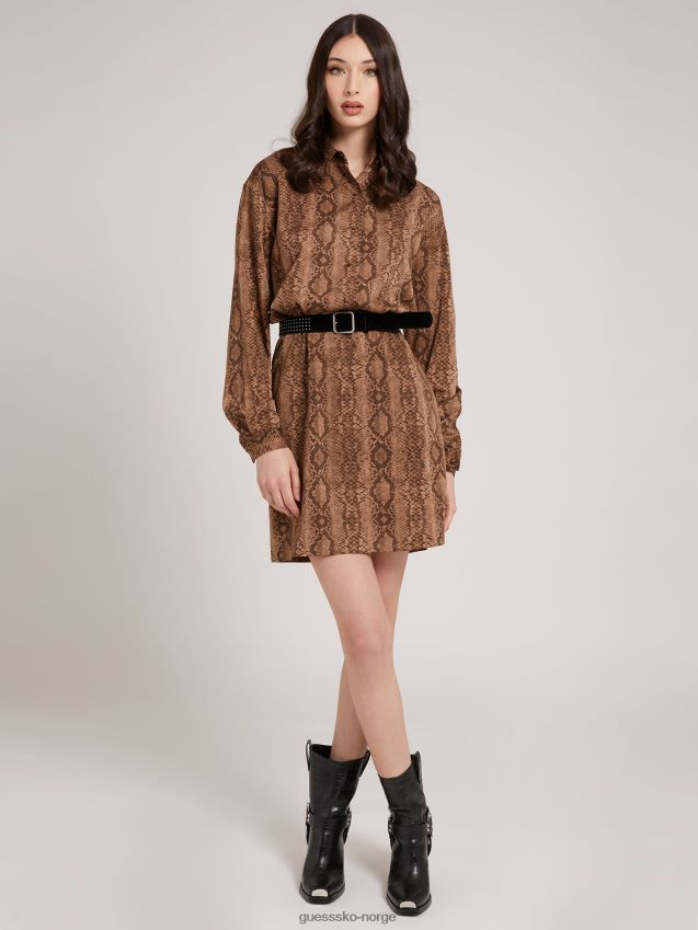 Guess kjole med belte i brunt trykk brun kvinner F0LJ803318