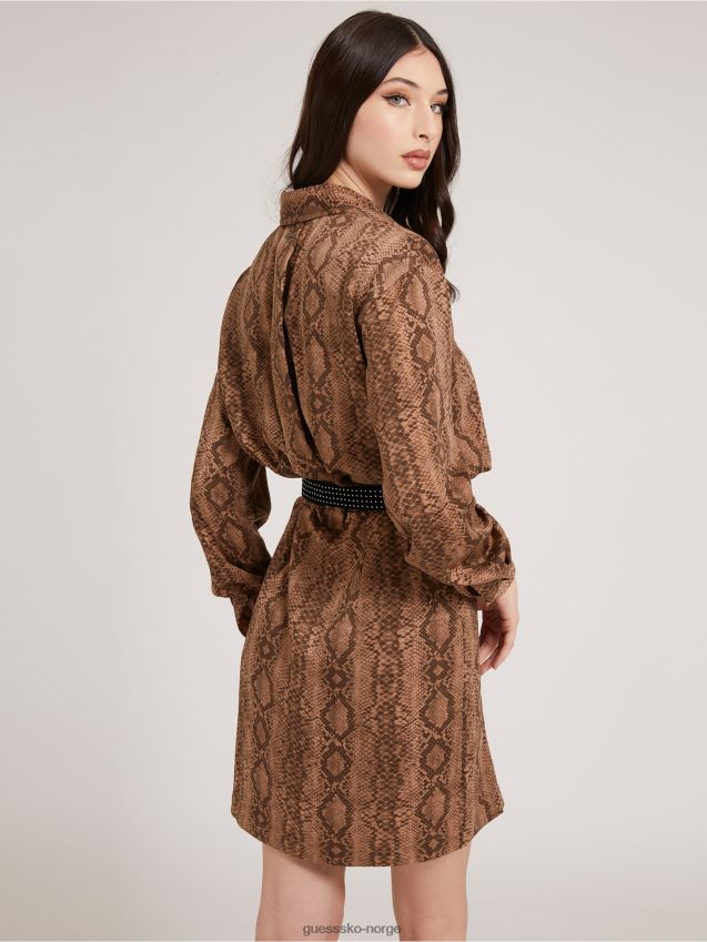 Guess kjole med belte i brunt trykk brun kvinner F0LJ803318