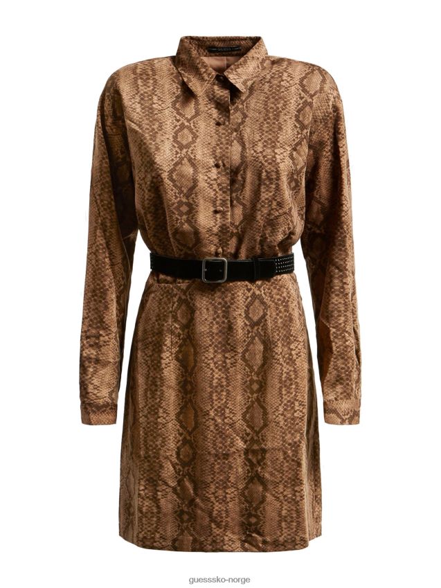 Guess kjole med belte i brunt trykk brun kvinner F0LJ803318
