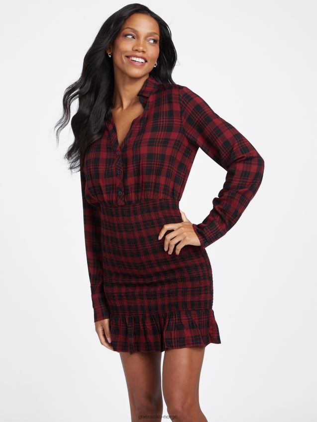 Guess klay smocked dress holiday bliss plaid ferie lykke pledd kvinner F0LJ807116