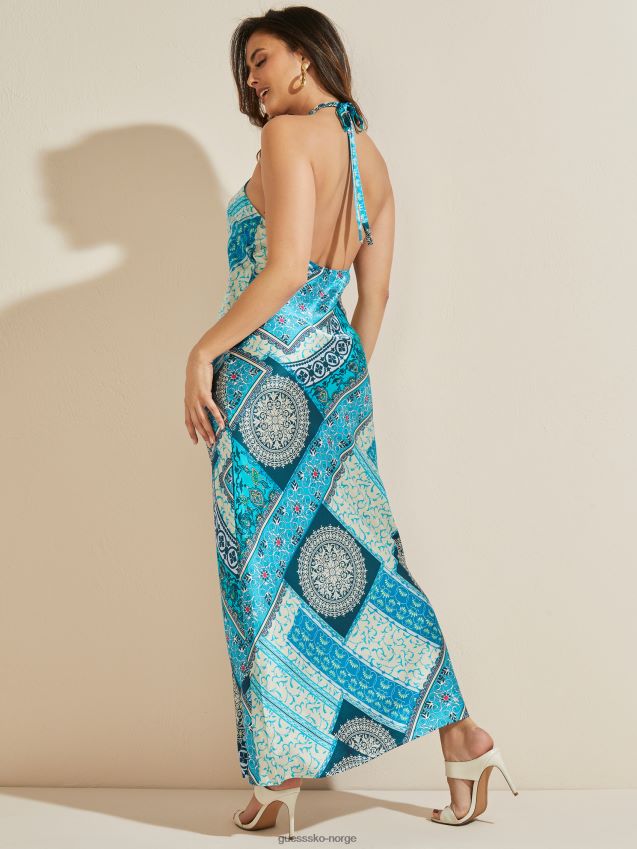 Guess mykanos blå combo mykonos silke maxi kjole mykanos blå kombinasjon kvinner F0LJ809758