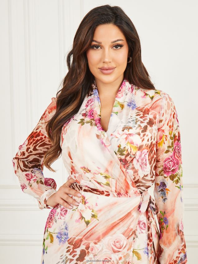 Guess omslagskjole i rosa silke med rosa skyggetrykk rosa skyggetrykk kvinner F0LJ809499