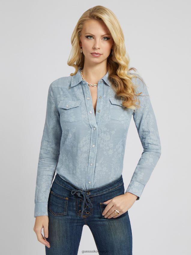 Guess blomst jacquard denimskjorte blå blå kvinner F0LJ802789