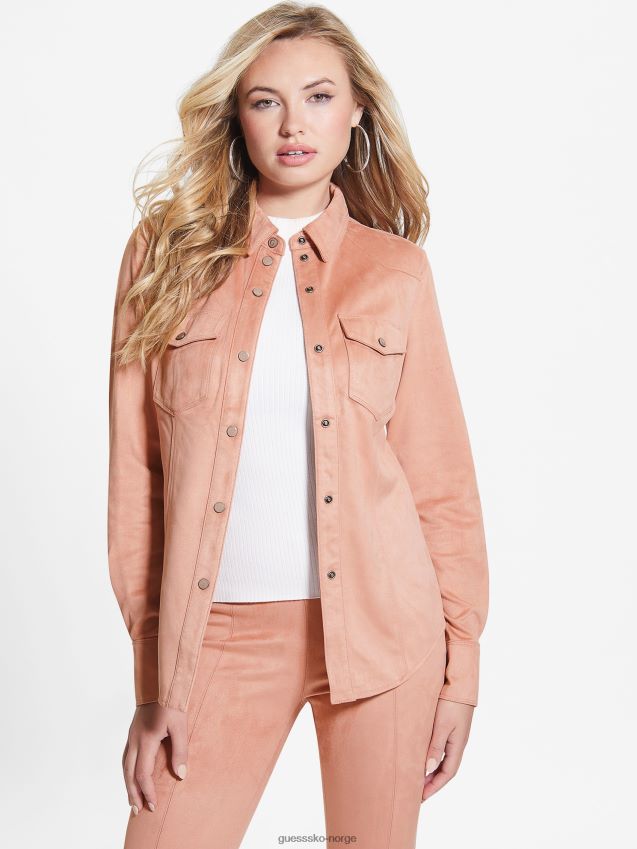 Guess tusenfryd imitert semsket westernskjorte satengrosa sateng rose kvinner F0LJ809204