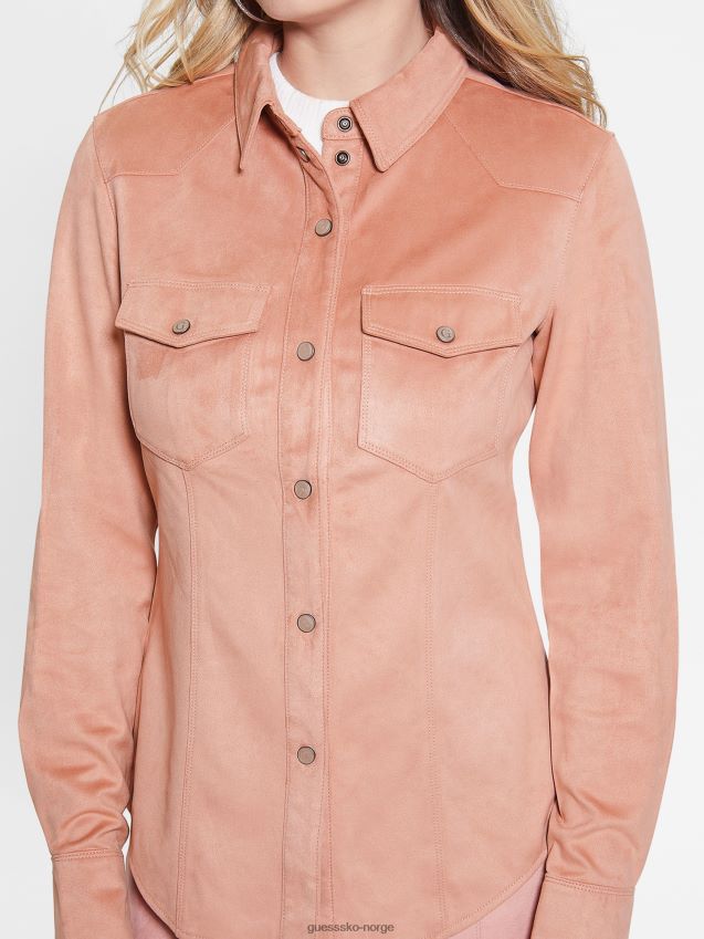 Guess tusenfryd imitert semsket westernskjorte satengrosa sateng rose kvinner F0LJ809204
