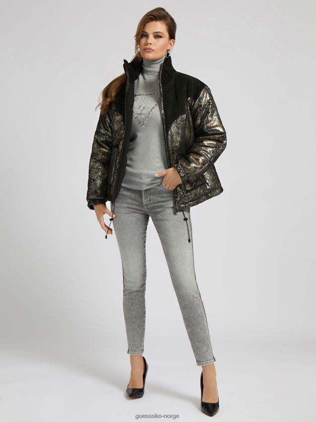 Guess svart paisley-trykk puffer i ekte skinn svart kvinner F0LJ803929