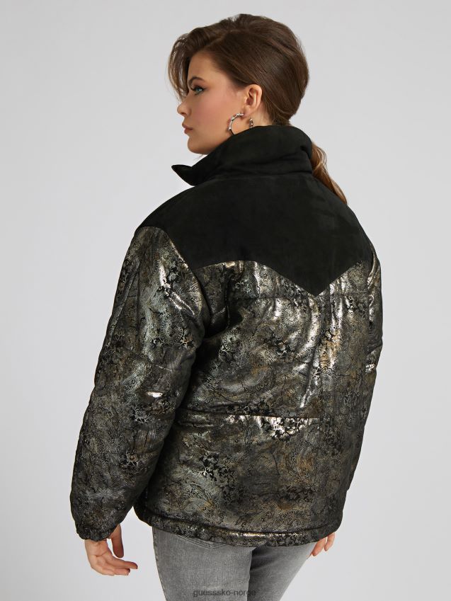 Guess svart paisley-trykk puffer i ekte skinn svart kvinner F0LJ803929