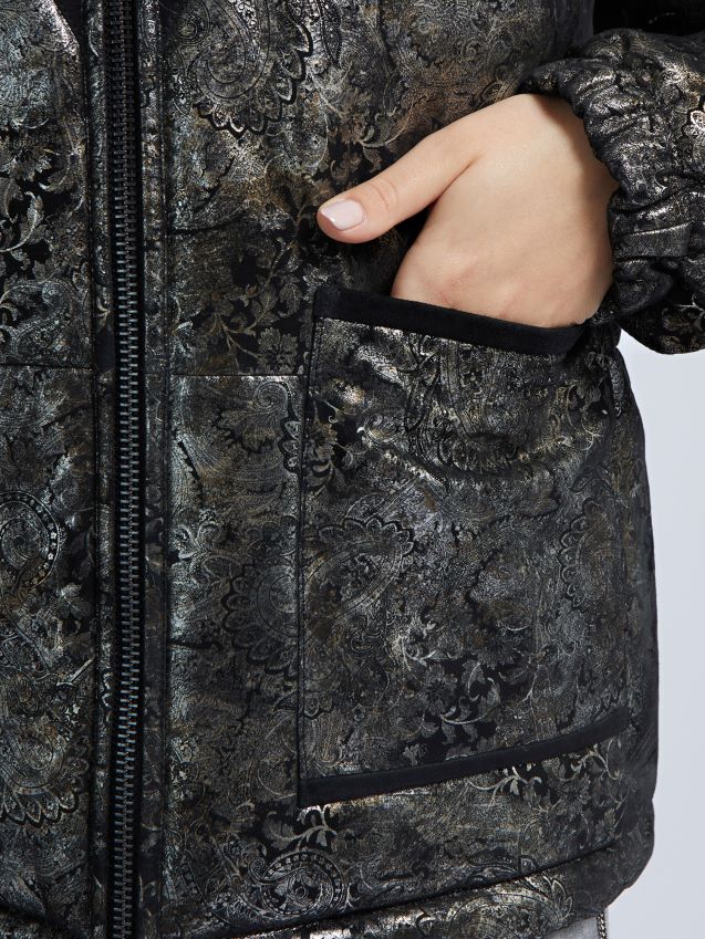 Guess svart paisley-trykk puffer i ekte skinn svart kvinner F0LJ803929