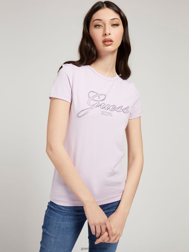 Guess lilla rhinestones t-skjorte med logo syrin kvinner F0LJ806626