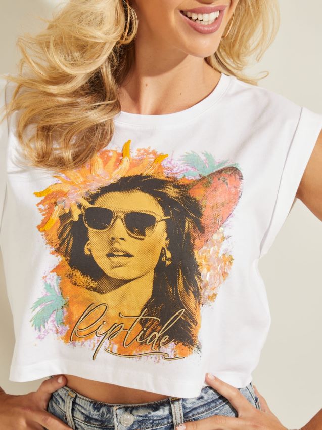 Guess t-skjorte med trykk foran, hvit hvit kvinner F0LJ805751