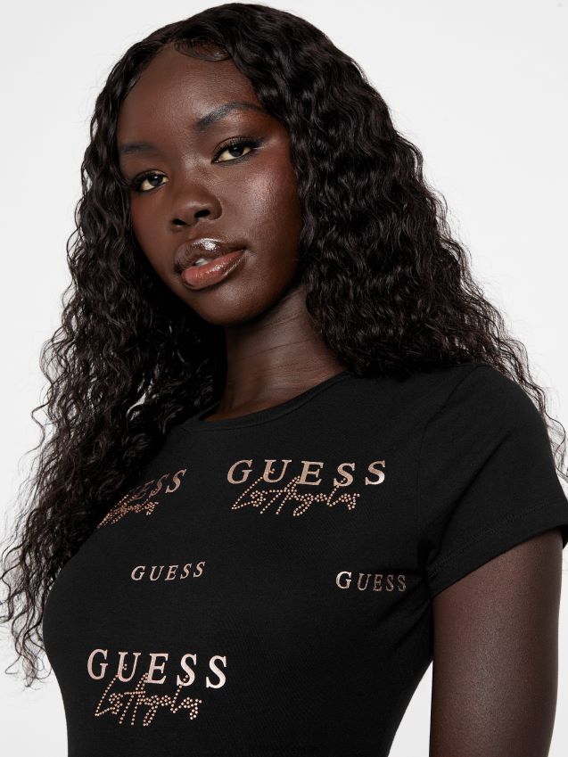 Guess eco catae rhinestone logo t-skjorte kulsort kulsvart kvinner F0LJ806995