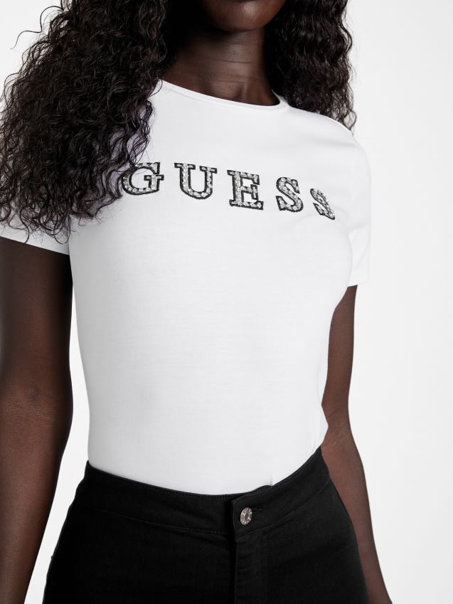 Guess ekte hvit jill rhinestone logo-t-skjorte ekte hvit kvinner F0LJ807255
