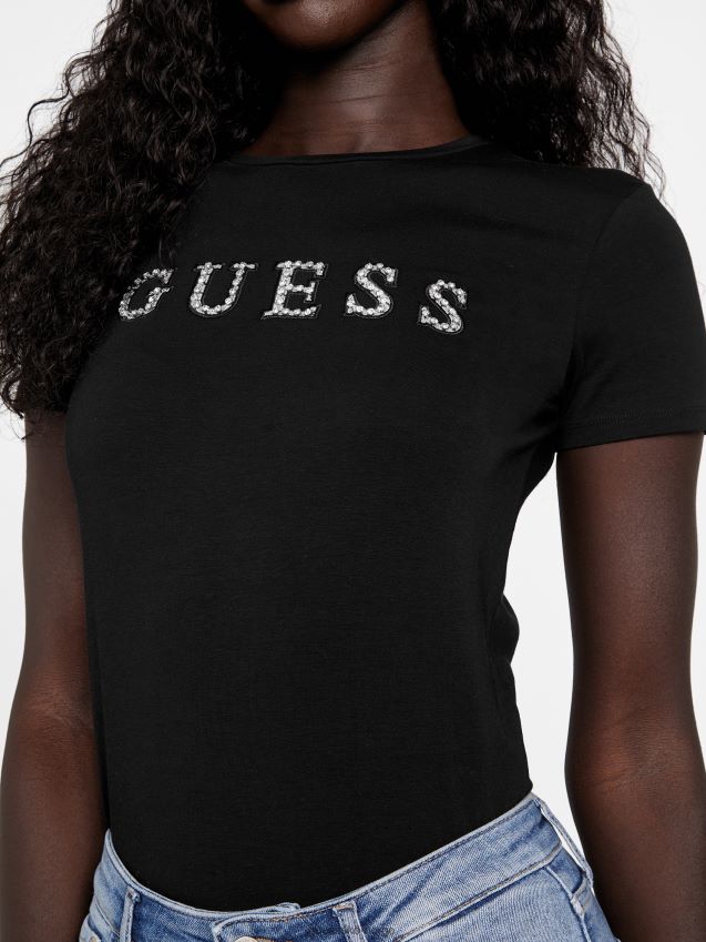 Guess jet black jill rhinestone logo t-skjorte kulsvart kvinner F0LJ807329
