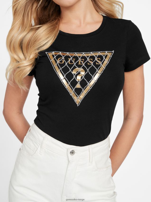 Guess jet black rhinestone mesh logo-t-skjorte kulsvart kvinner F0LJ806805