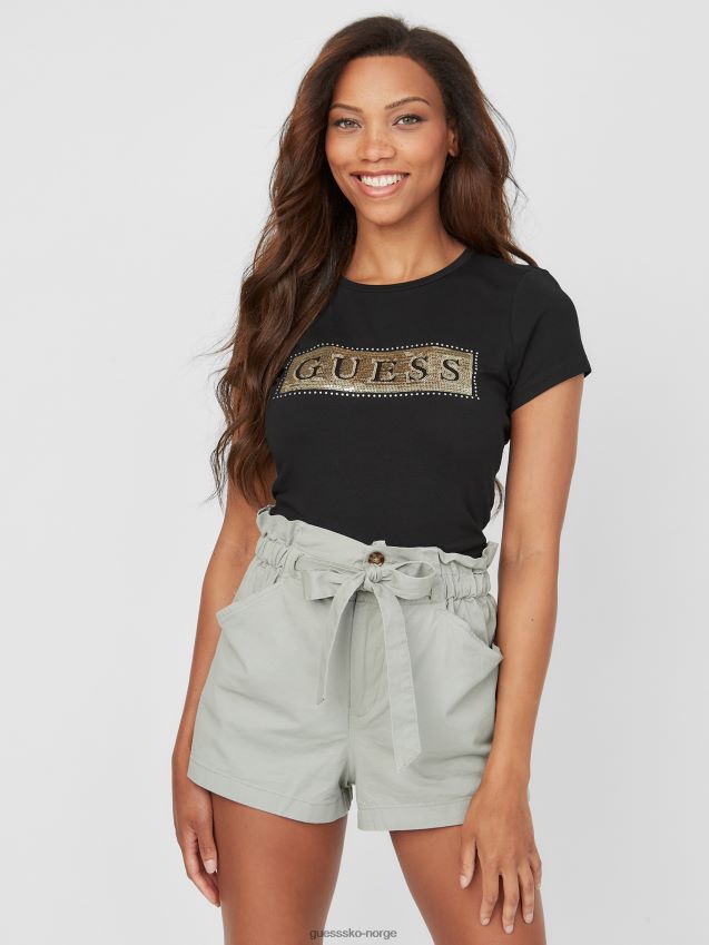 Guess jet black stål paljett og rhinestone t-skjorte kulsvart kvinner F0LJ807179