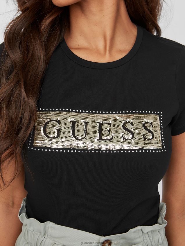 Guess jet black stål paljett og rhinestone t-skjorte kulsvart kvinner F0LJ807179