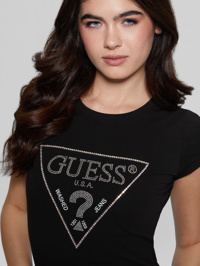 Guess rhinestone-logo t-skjorte kulsort kulsvart kvinner F0LJ809870