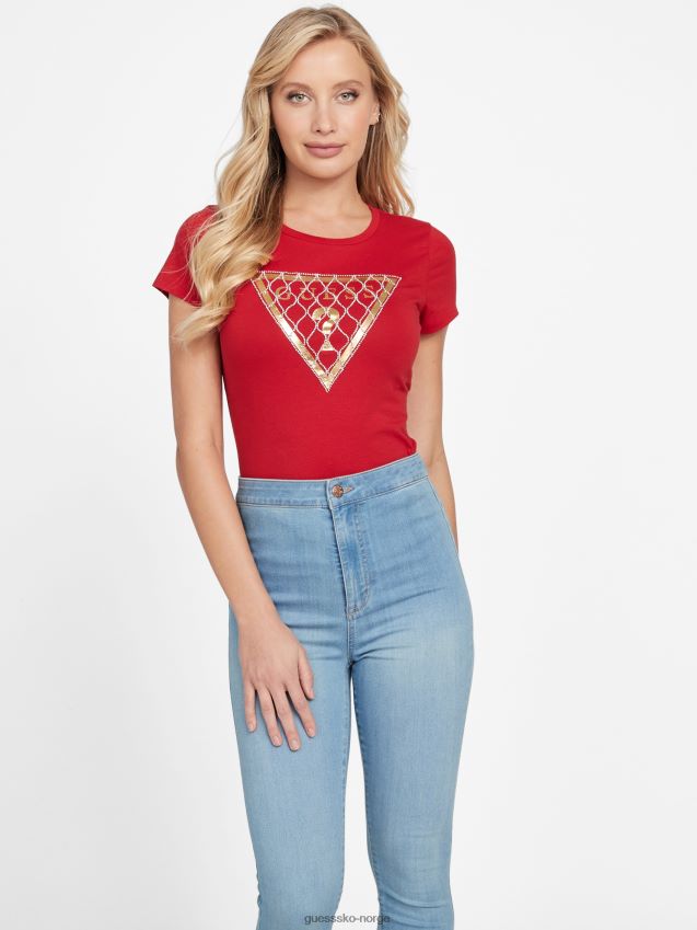 Guess rhinestone mesh logo t-skjorte rugby rød rugby rød kvinner F0LJ807106