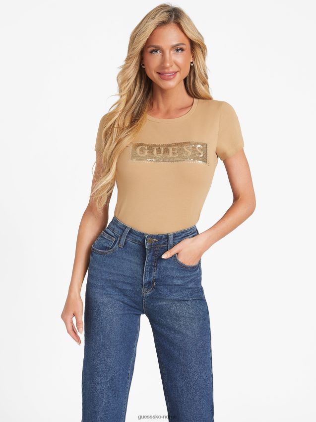 Guess ristet paljett i taupe stål og rhinestone t-skjorte ristet taupe kvinner F0LJ807347