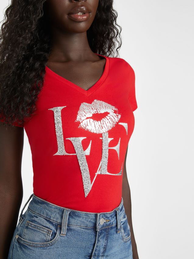 Guess rugby rød eco cece love v-hals t-skjorte rugby rød kvinner F0LJ807402