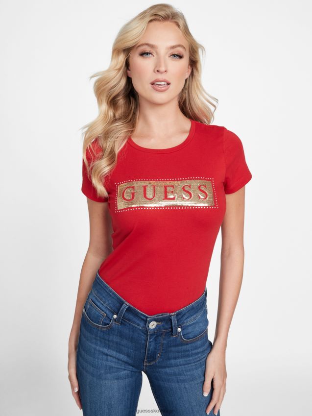 Guess stål paljett og rhinestone t-skjorte rugby rød rugby rød kvinner F0LJ807040