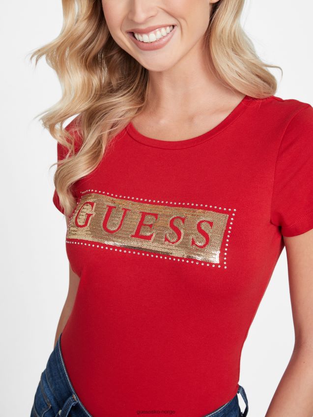 Guess stål paljett og rhinestone t-skjorte rugby rød rugby rød kvinner F0LJ807040