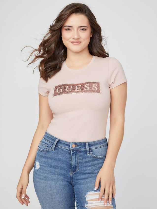 Guess stål paljett og rhinestone tee rosa glans rosa glans kvinner F0LJ807187