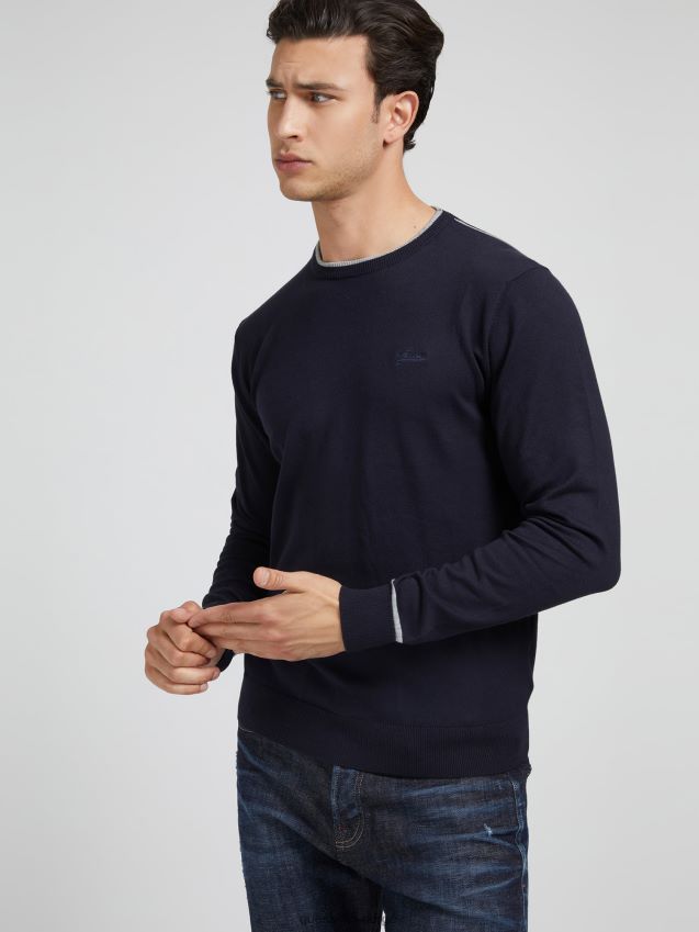 Guess blå strikk bomullsgenser med rund hals blå menn F0LJ80712