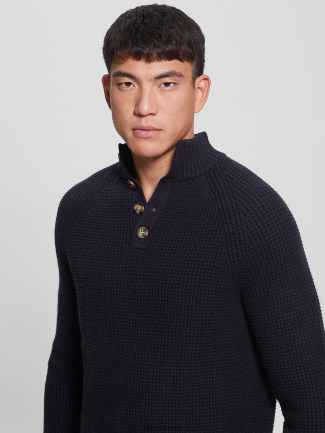 Guess bleu lgant øko vaffelstrikket genser bleu lgant menn F0LJ8010421