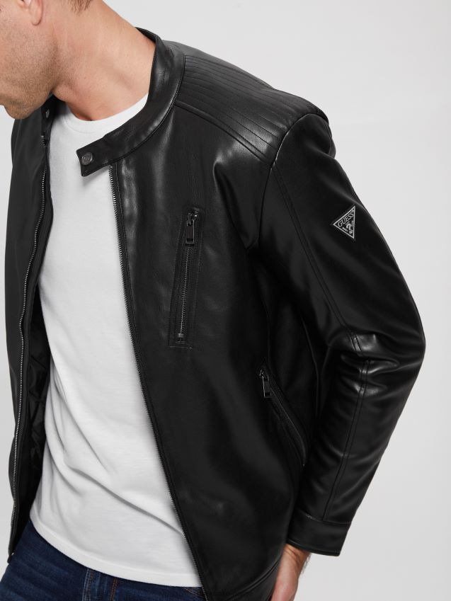 Guess bikerjakke i imitert skinn kulsort kulsvart menn F0LJ8010390