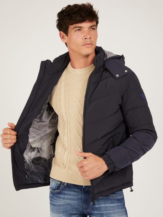 Guess blå vattert dunjakke med hette blå menn F0LJ801523