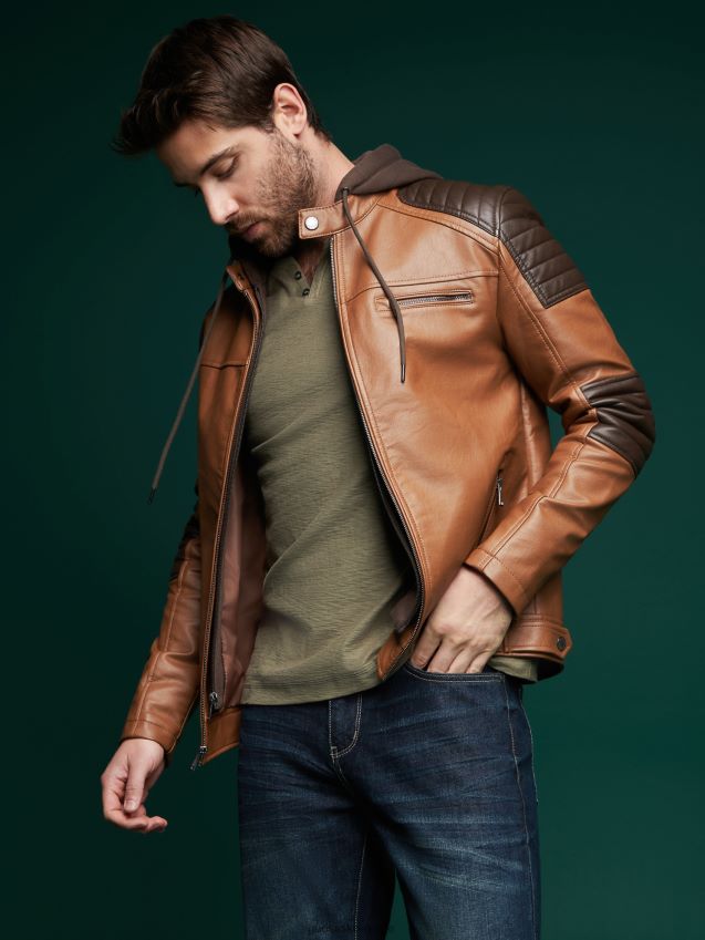 Guess brun multi daniel colour-block bikerjakke brun multi menn F0LJ807887